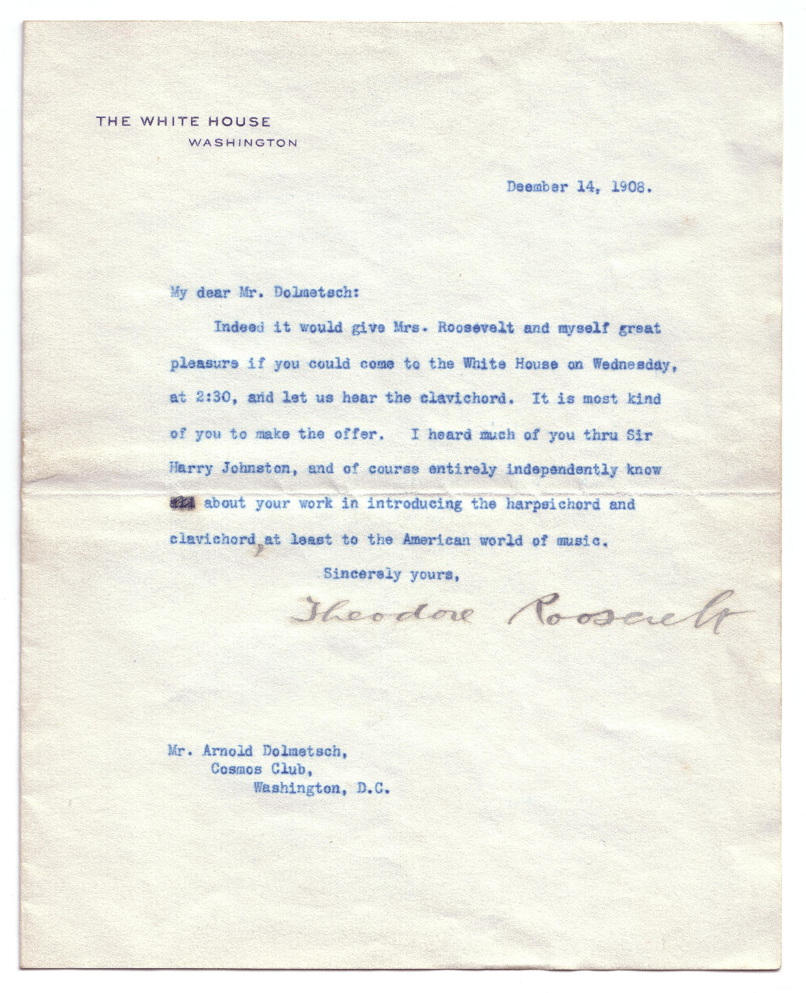 Theodore Roosevelt invites Arnold Dolmetsch to the White House (14 Dec. 1908)